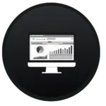 Black circle featuring a computer screen with spreadsheet of graphs and charts in grayscale