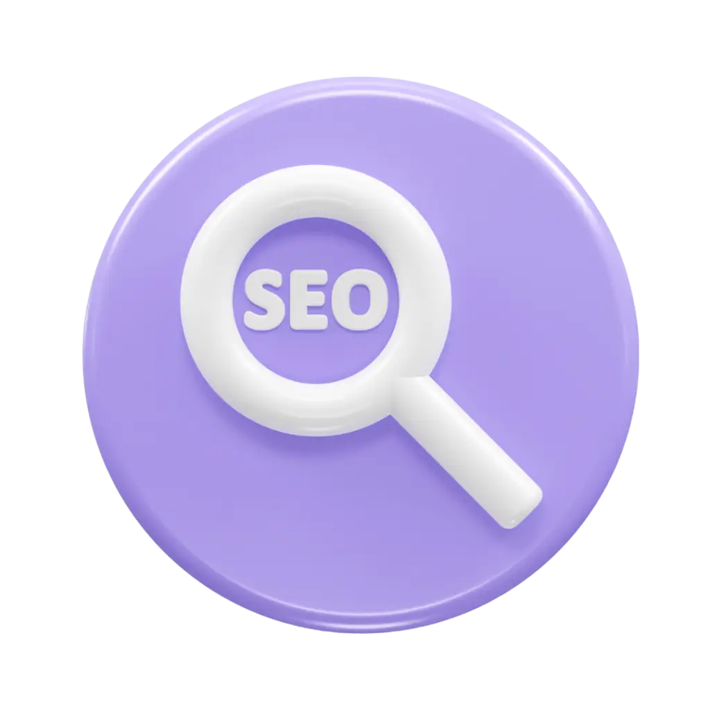 3D lilac circle featuring SEO with search magnifier tool icon in white