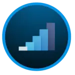 Light and dark blue circle with 2D bar chart in shades of blue