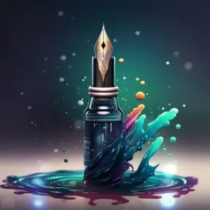 Colorful splash around 3D fountain pen and ink bottle