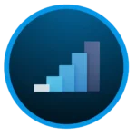 Light and dark blue circle with a 2D bar chart in shades of blue