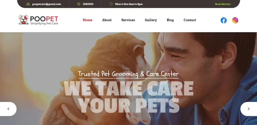 A pet care management software UI showing a man smiling and holding a fluffy puppy.