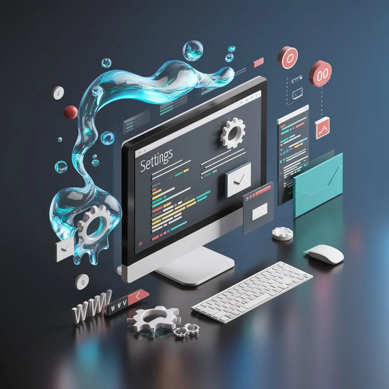 A 3D rendering of website design with computer screen and coding icons