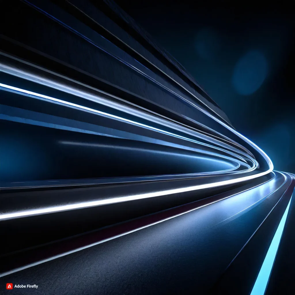 Dynamic swirls of glowing blue and white light against a dark background.