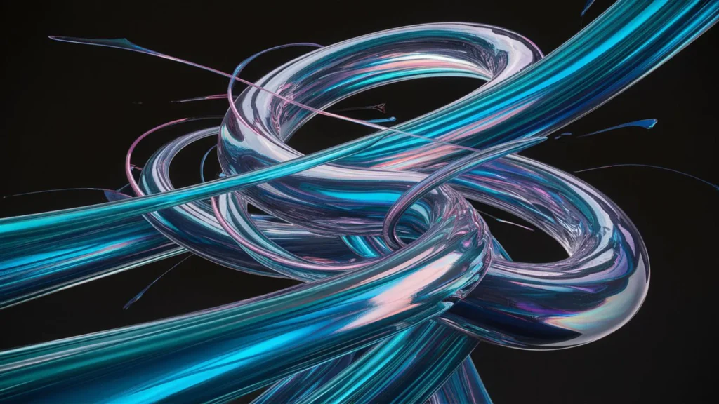 An abstract 3d artwork with swirls in shades of blue and pink on a dark background