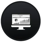Black circle featuring a computer screen with a spreadsheet of graphs and charts in grayscale