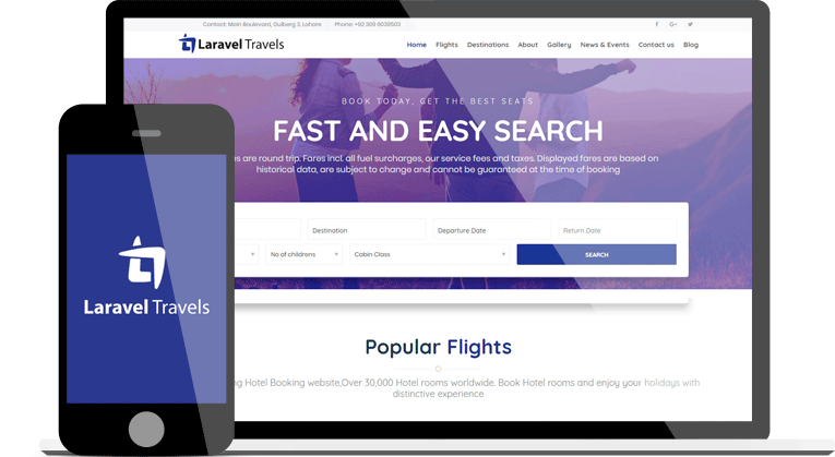 Laptop and smartphone displaying the flight booking website and software interface.