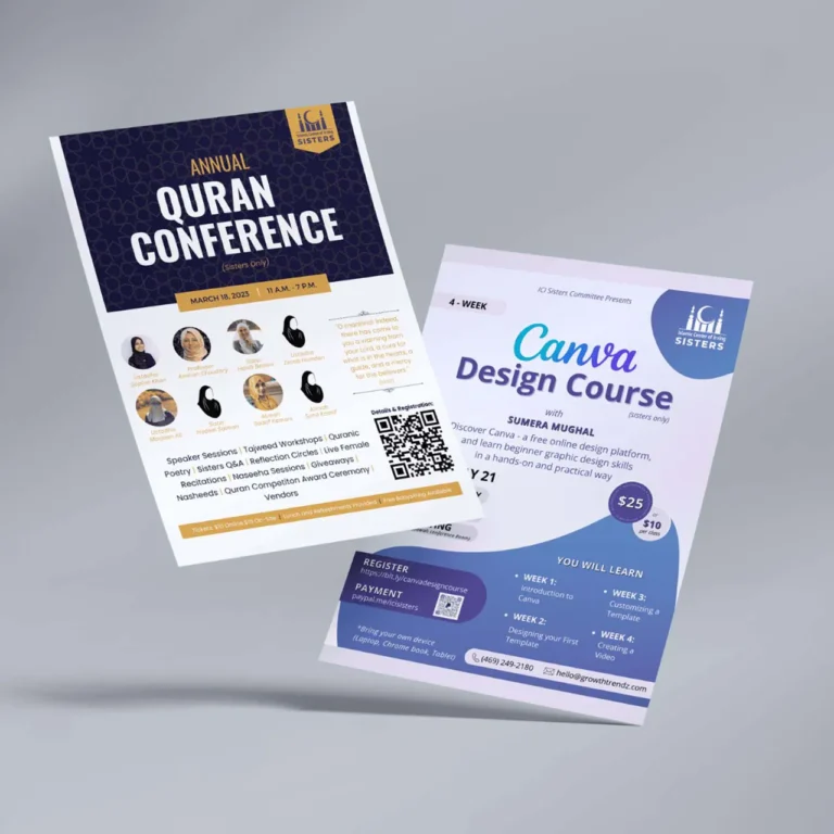 A mock up of event flyers in the air on a gray background