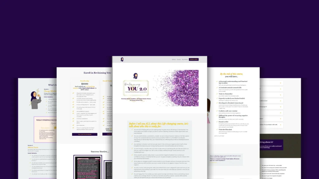 Multiple screen shots of a sales page side by side on a dark purple background