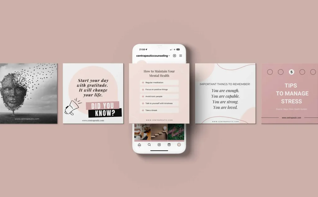 Multiple Instagram post graphics displayed horizontally side by side