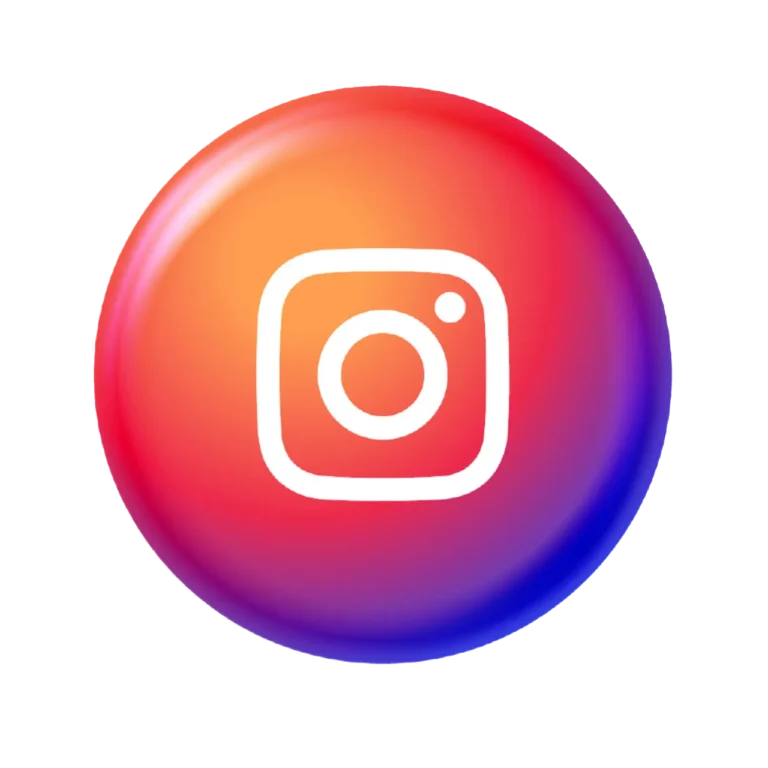 3D circle with vibrant orange, pink and purple colors with Instagram logo icon in white