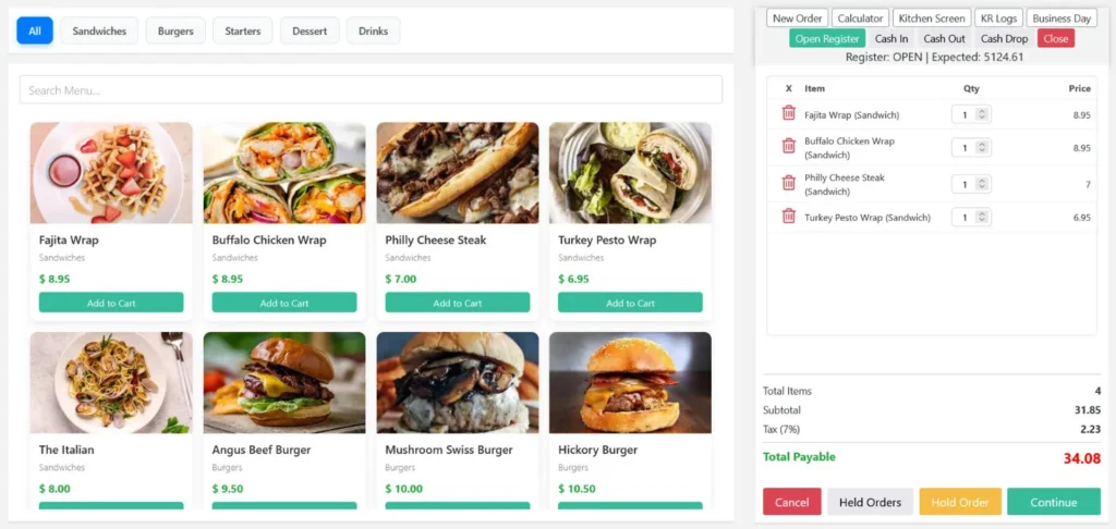 Screenshot of a food ordering software UI showing a grid of menu items and a checkout panel with a calculated total.