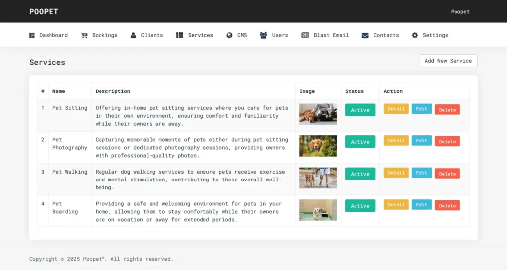 A pet care service management dashboard listing pet care options.