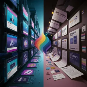 A 3d render illustration to show print and digital media design on two opposite walls