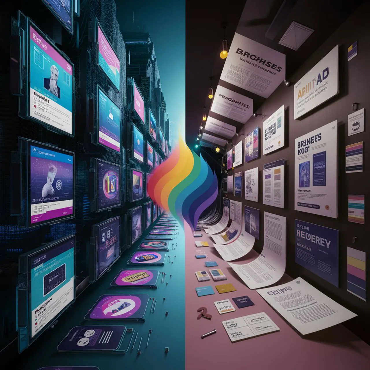 A 3d render illustration to show print and digital media design on two opposite walls