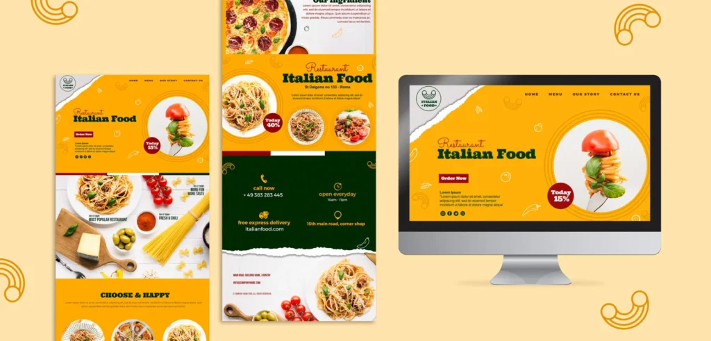 A restaurant website with online order system with a vibrant yellow background, food imagery and promotion.