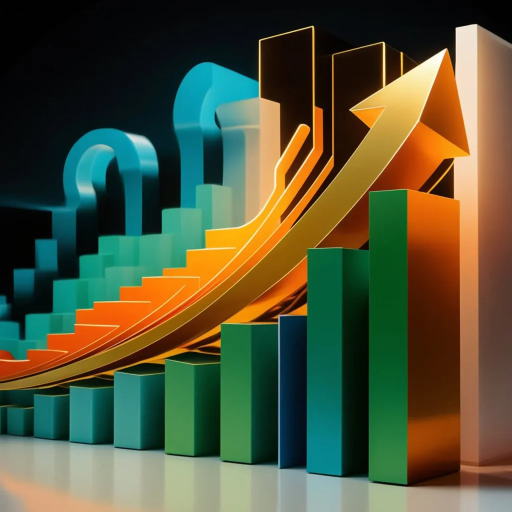 A visually captivating 3d rendering of a bar chart with growth arrow