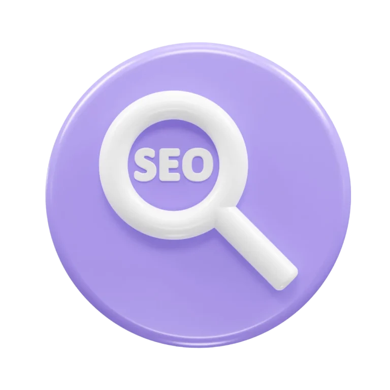 3D lilac circle featuring SEO with search magnifier tool icon in white