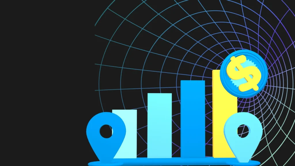 A 3D bar graph with four rising blue bars. A dollar sign coin sits on the tallest bar, flanked by two blue location pins against a spiral grid backdrop.