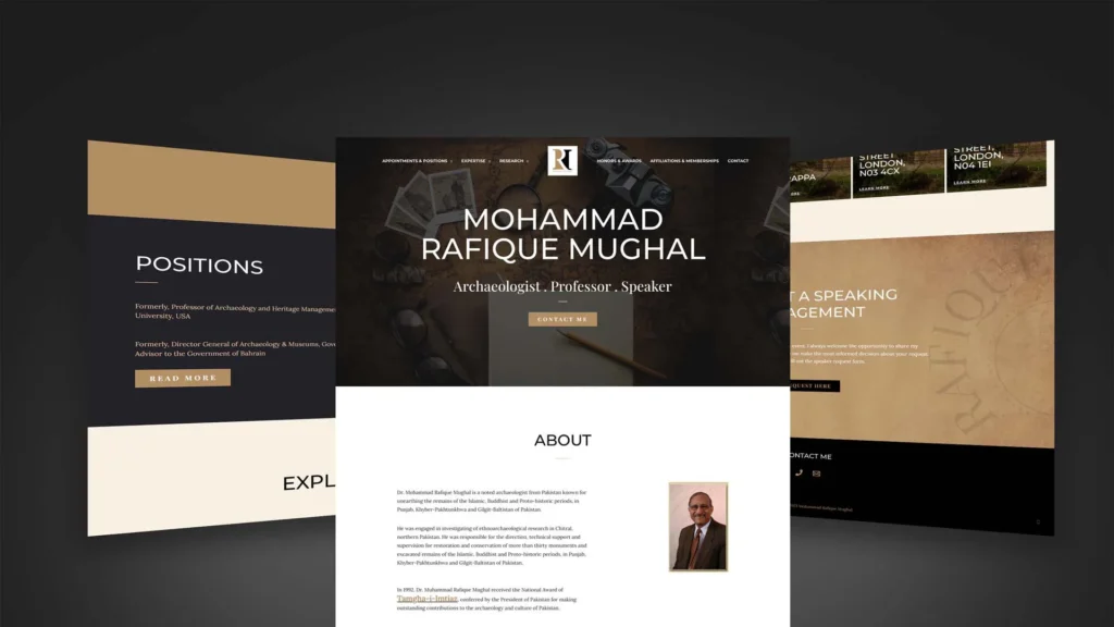 Website mock up with three screenshots of the website on a dark background