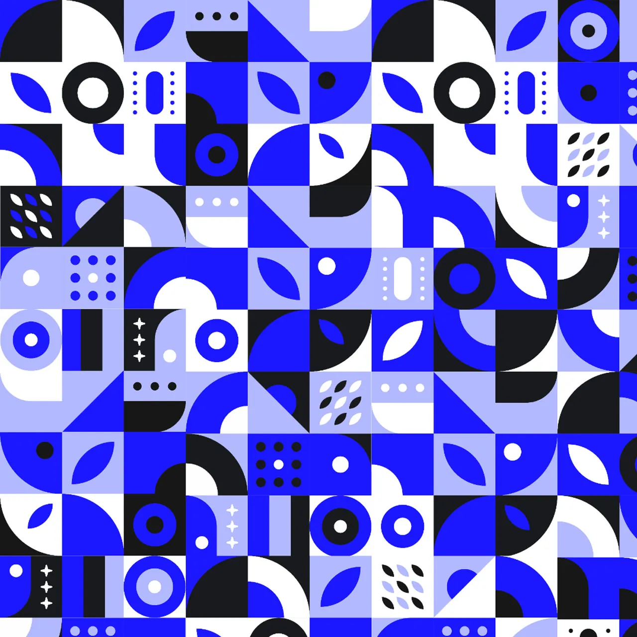 Abstract design with a blue and black color scheme, showcasing geometric shapes and circular patterns.