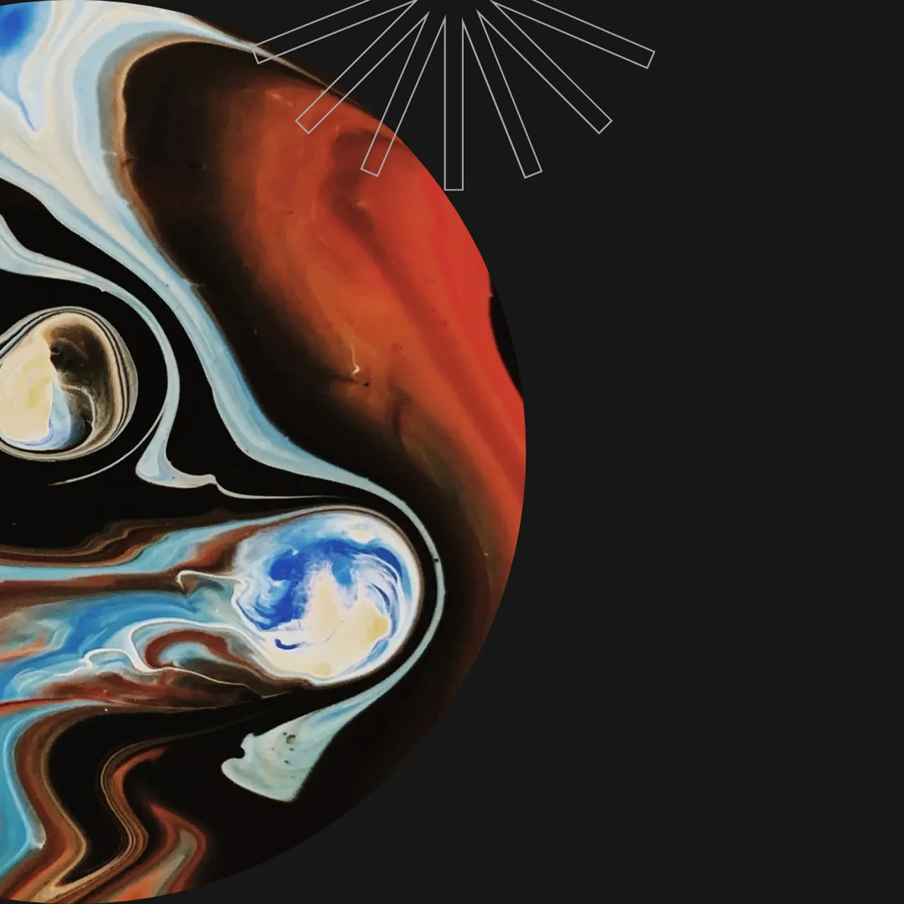 A graphic featuring vibrant colors and abstract celestial imagery on black background.