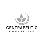 A grayscale logo with a leaf in the middle above the text Centrapeutic Counseling