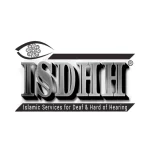 3D text ISDHH logo in grayscale with deaf ear icons inside the eye shape above the letter "I"