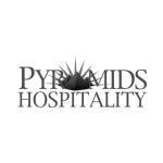 A grayscale text logo with 3 pyramids in the middle of text Pyramids Hospitality