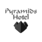 A grayscale logo with three pyramids under the text Pyramids Hotel