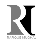A grayscale logo with R in negative space above the text, Rafique Mughal